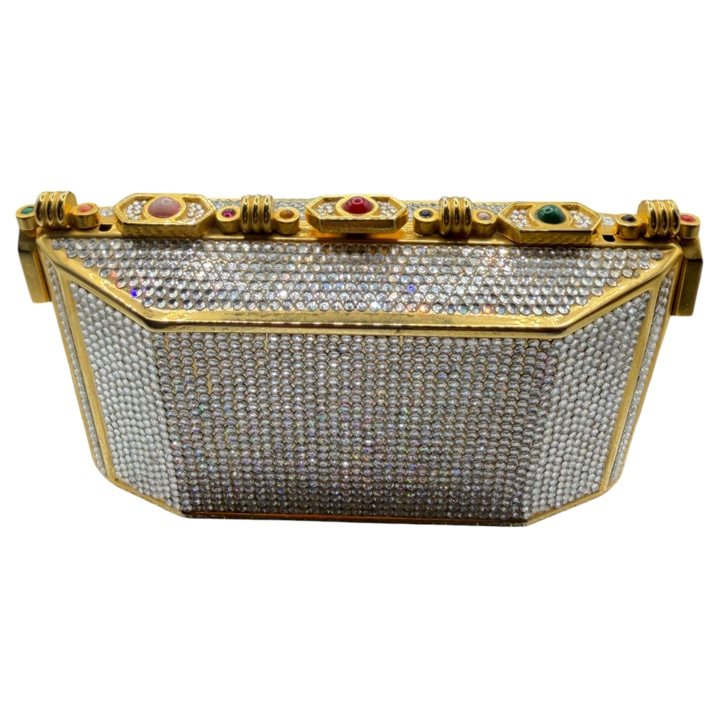 Vintage Judith Leiber Swarovski Crystal Minaudière Evening Bag Gold-Tone Gemstone Frame c. 1980s-1990s