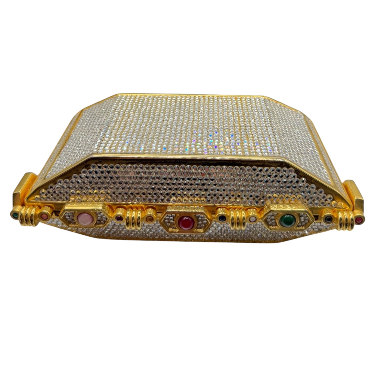 Vintage Judith Leiber Swarovski Crystal Minaudière Evening Bag Gold-Tone Gemstone Frame c. 1980s-1990s