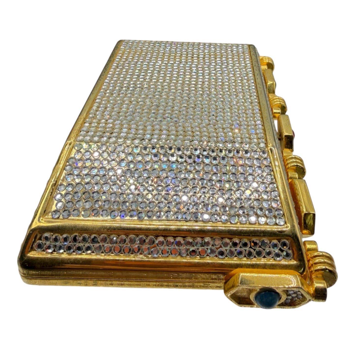 Vintage Judith Leiber Swarovski Crystal Minaudière Evening Bag Gold-Tone Gemstone Frame c. 1980s-1990s