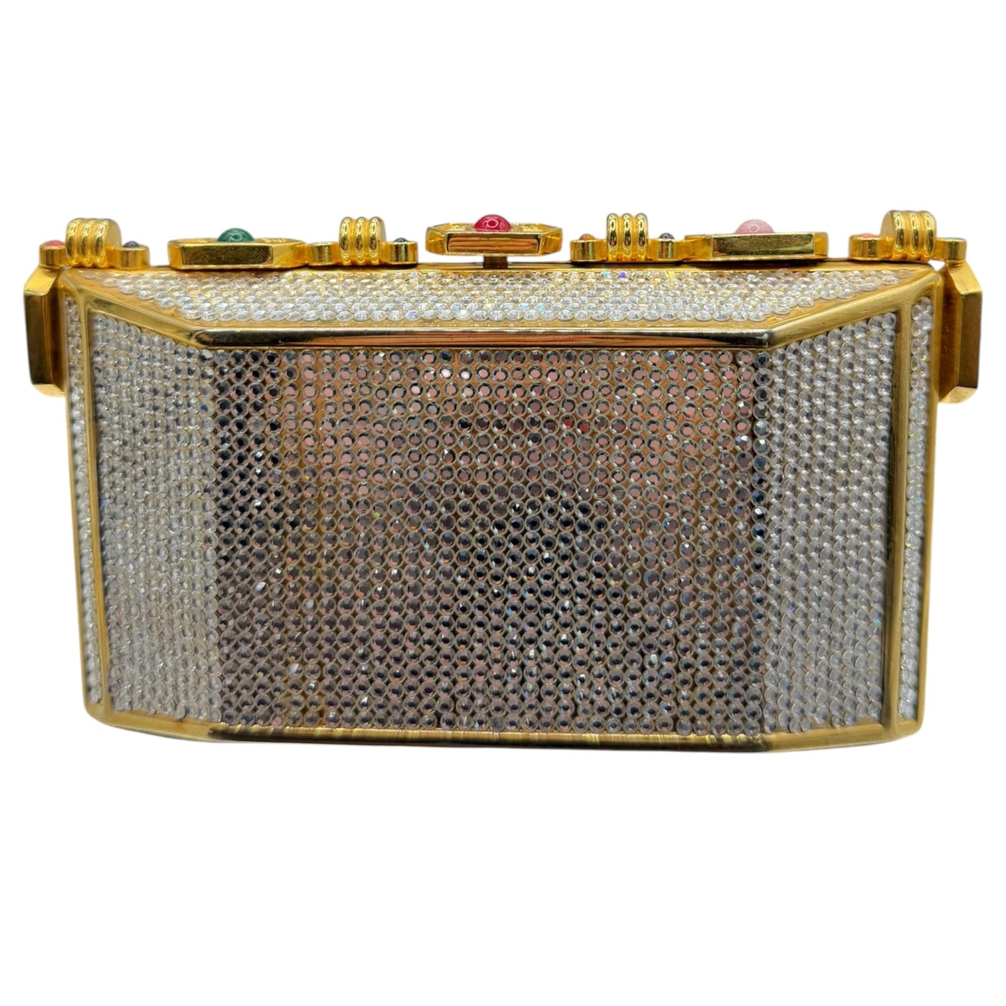 Vintage Judith Leiber Swarovski Crystal Minaudière Evening Bag Gold-Tone Gemstone Frame c. 1980s-1990s