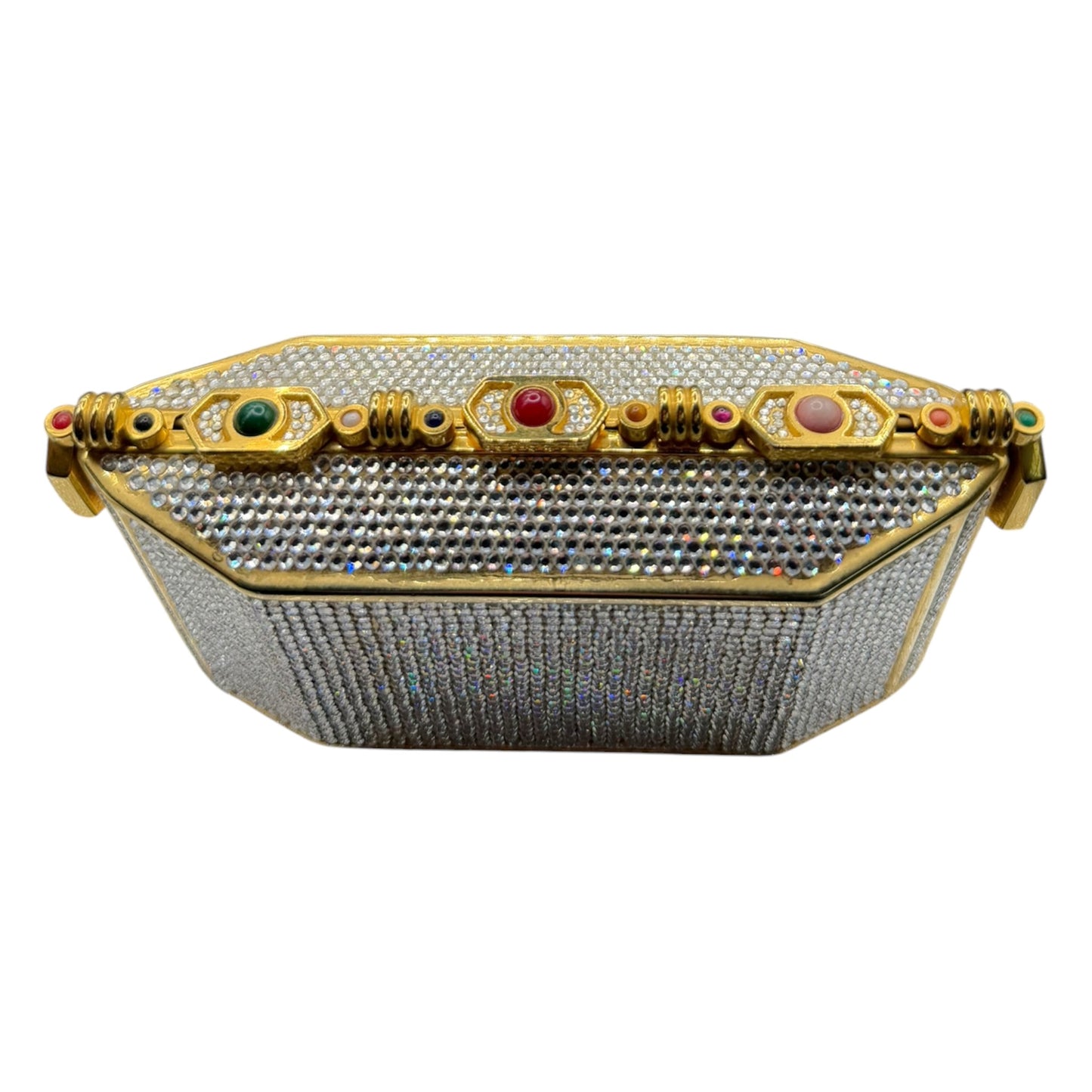 Vintage Judith Leiber Swarovski Crystal Minaudière Evening Bag Gold-Tone Gemstone Frame c. 1980s-1990s