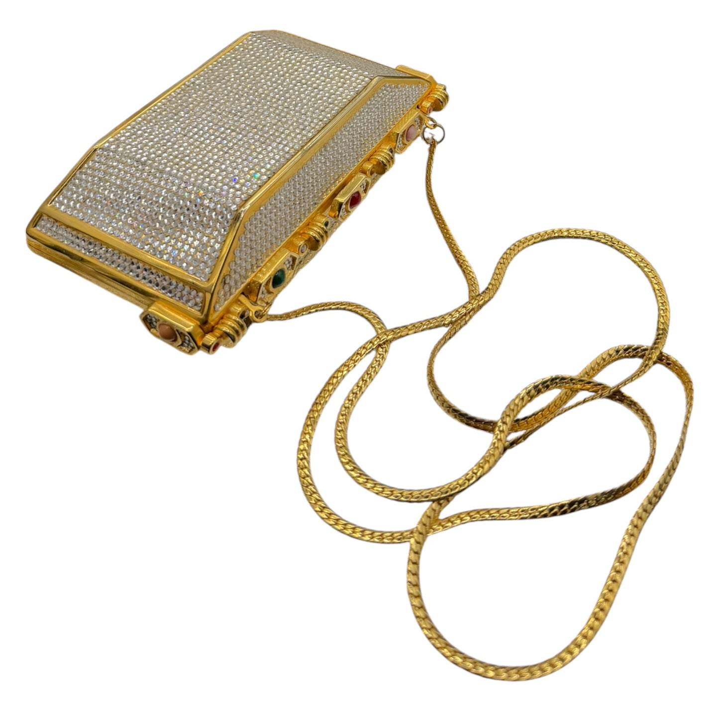 Vintage Judith Leiber Swarovski Crystal Minaudière Evening Bag Gold-Tone Gemstone Frame c. 1980s-1990s