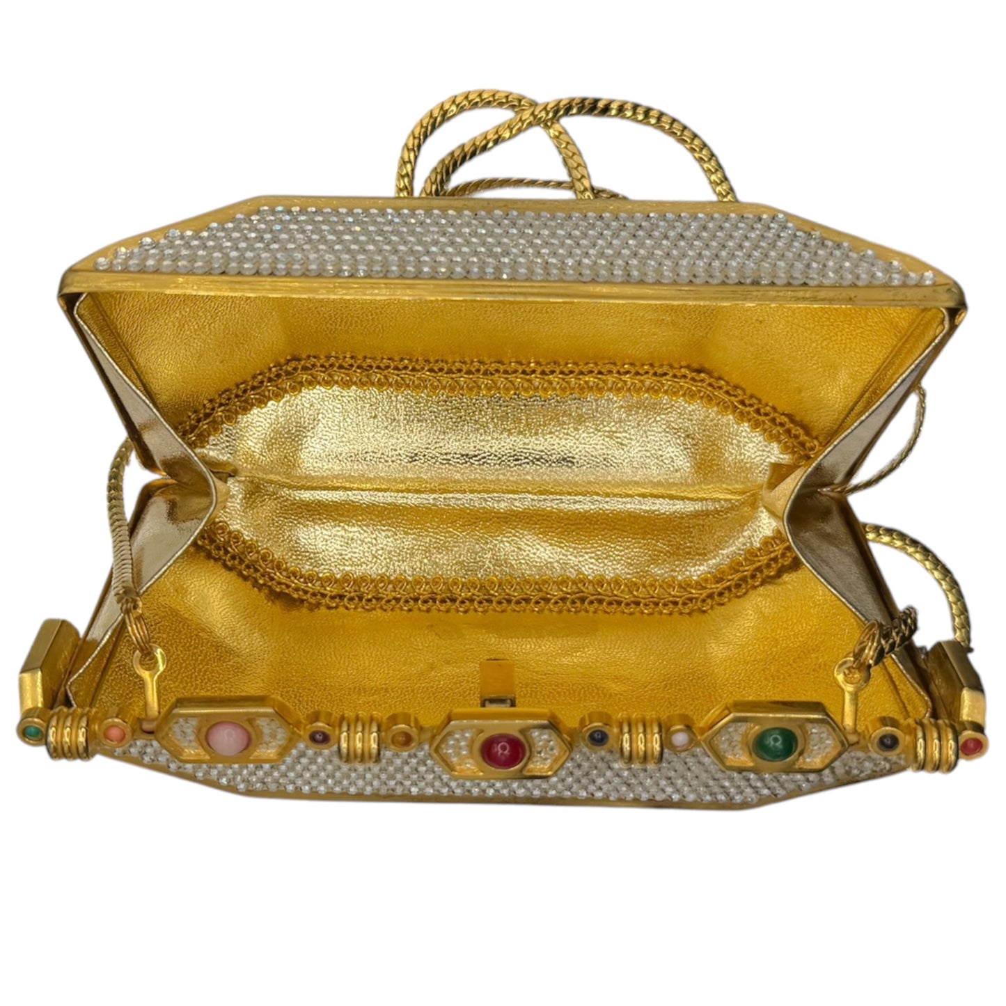 Vintage Judith Leiber Swarovski Crystal Minaudière Evening Bag Gold-Tone Gemstone Frame c. 1980s-1990s