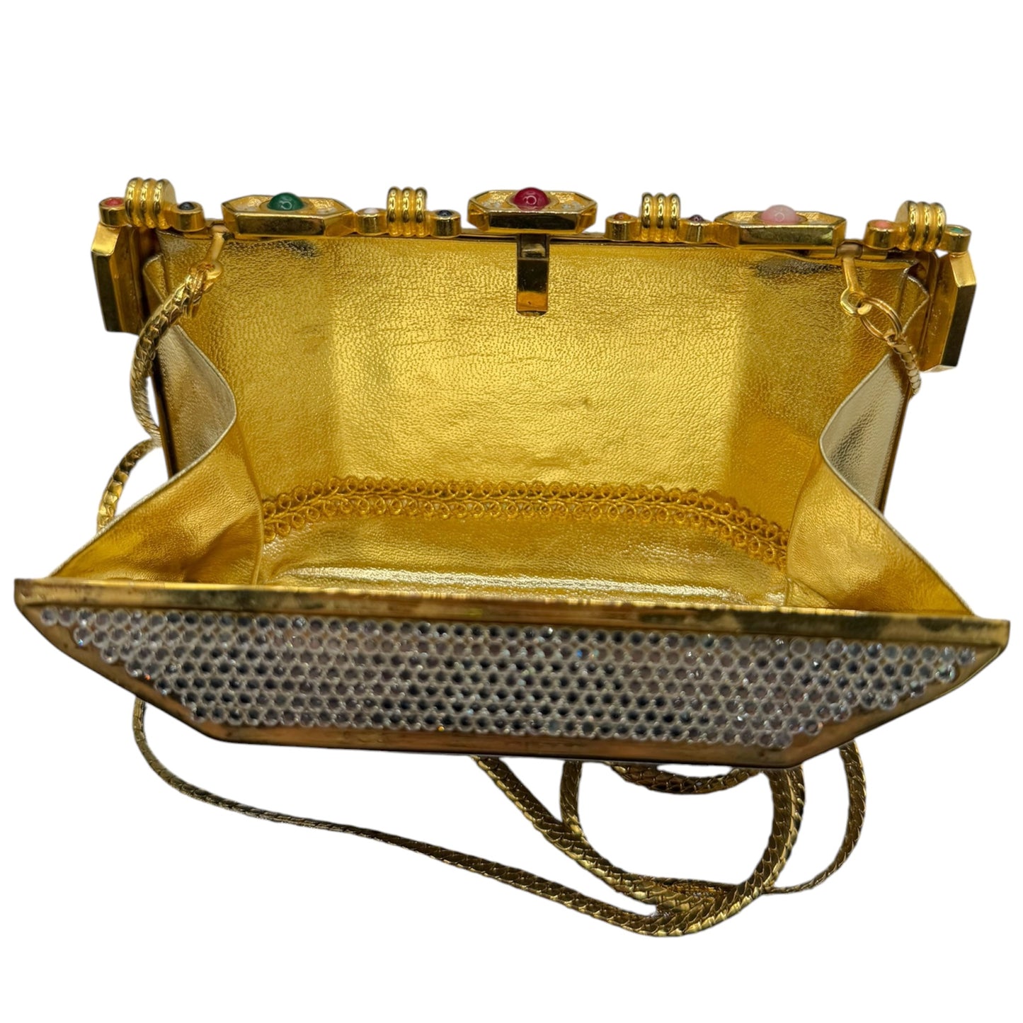 Vintage Judith Leiber Swarovski Crystal Minaudière Evening Bag Gold-Tone Gemstone Frame c. 1980s-1990s