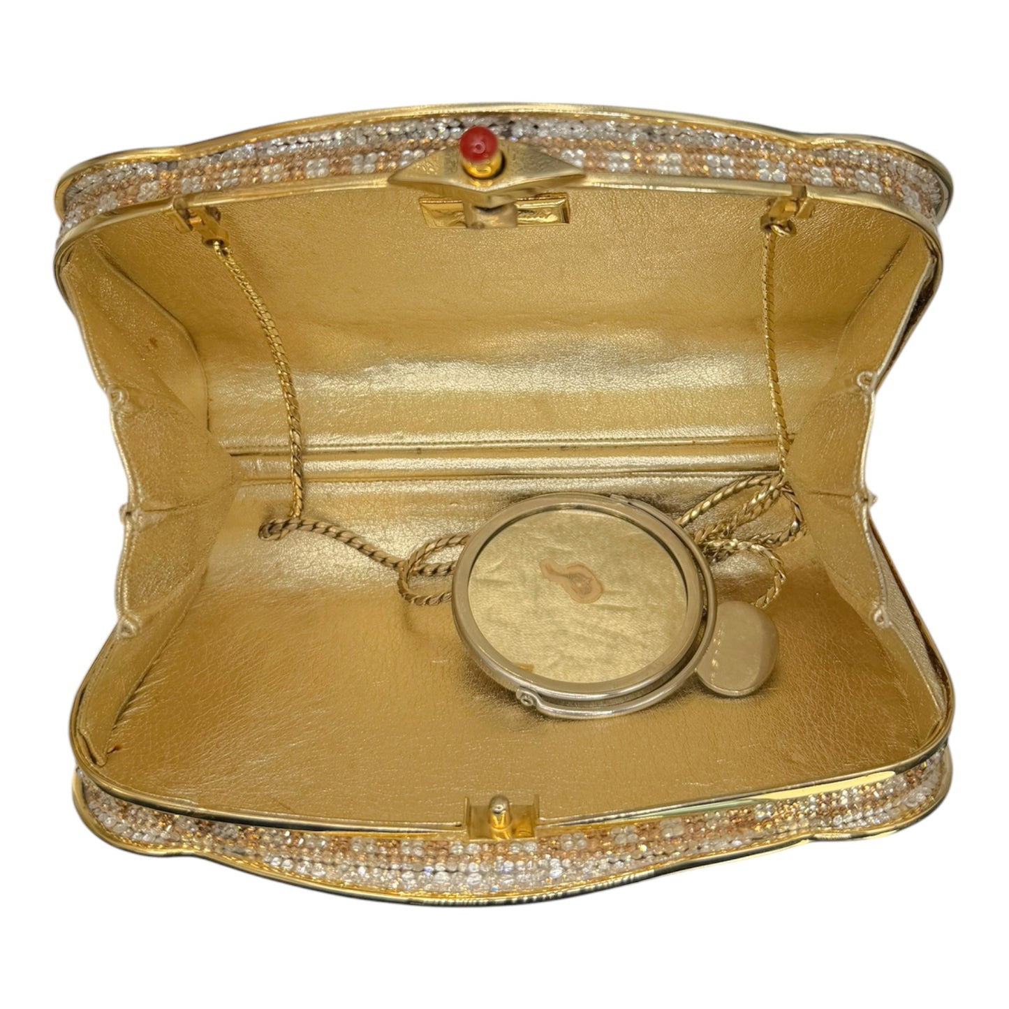 Vintage Judith Leiber Two-Tone Swarovksi Crystal Minaudière Evening Clutch w/ Mirror & Chain Strap