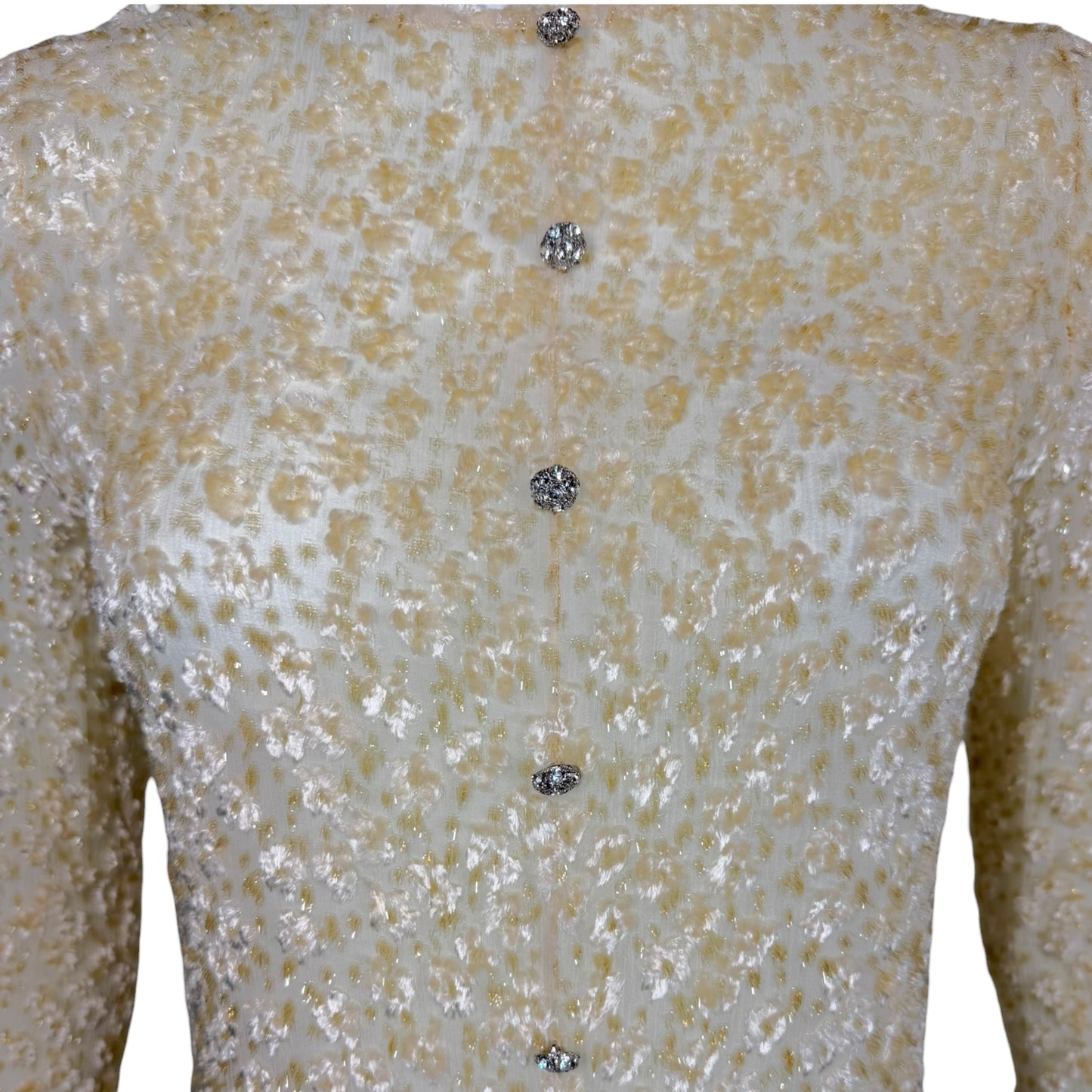 Vintage Badgley Mischka Ivory & Gold Metallic Silk Blend Jeweled Button Top Size 6