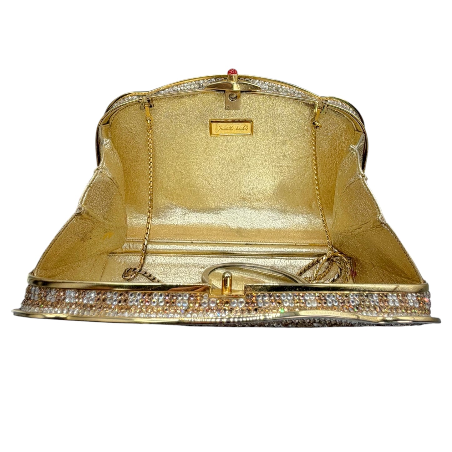 Vintage Judith Leiber Two-Tone Swarovksi Crystal Minaudière Evening Clutch w/ Mirror & Chain Strap