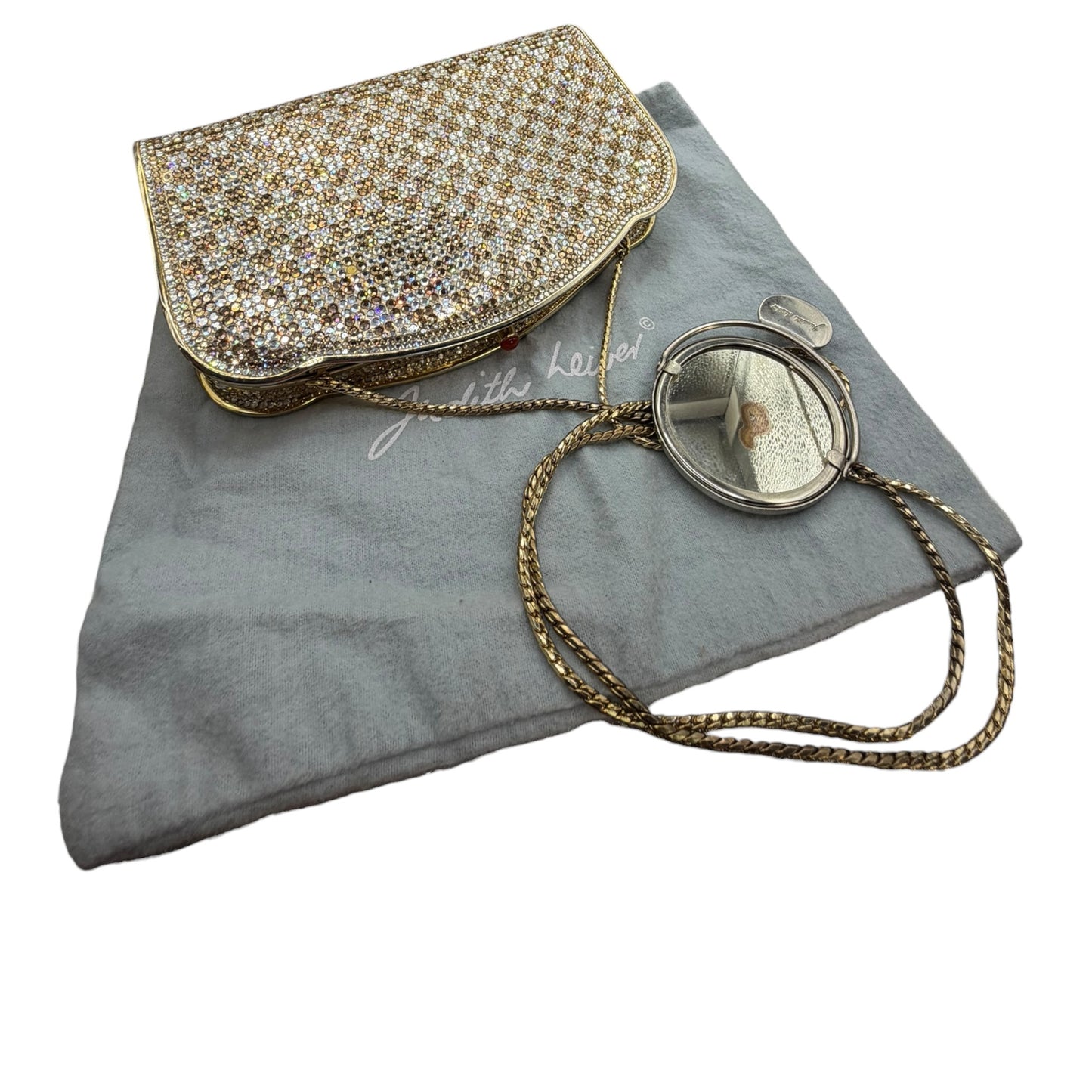 Vintage Judith Leiber Two-Tone Swarovksi Crystal Minaudière Evening Clutch w/ Mirror & Chain Strap