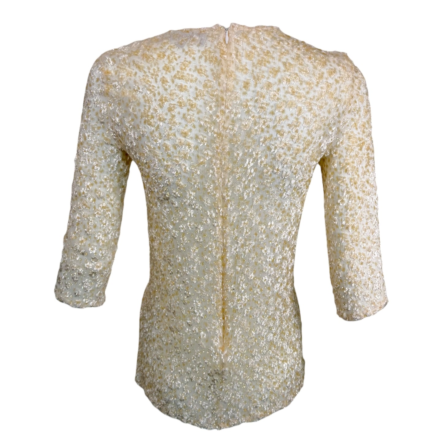 Vintage Badgley Mischka Ivory & Gold Metallic Silk Blend Jeweled Button Top Size 6