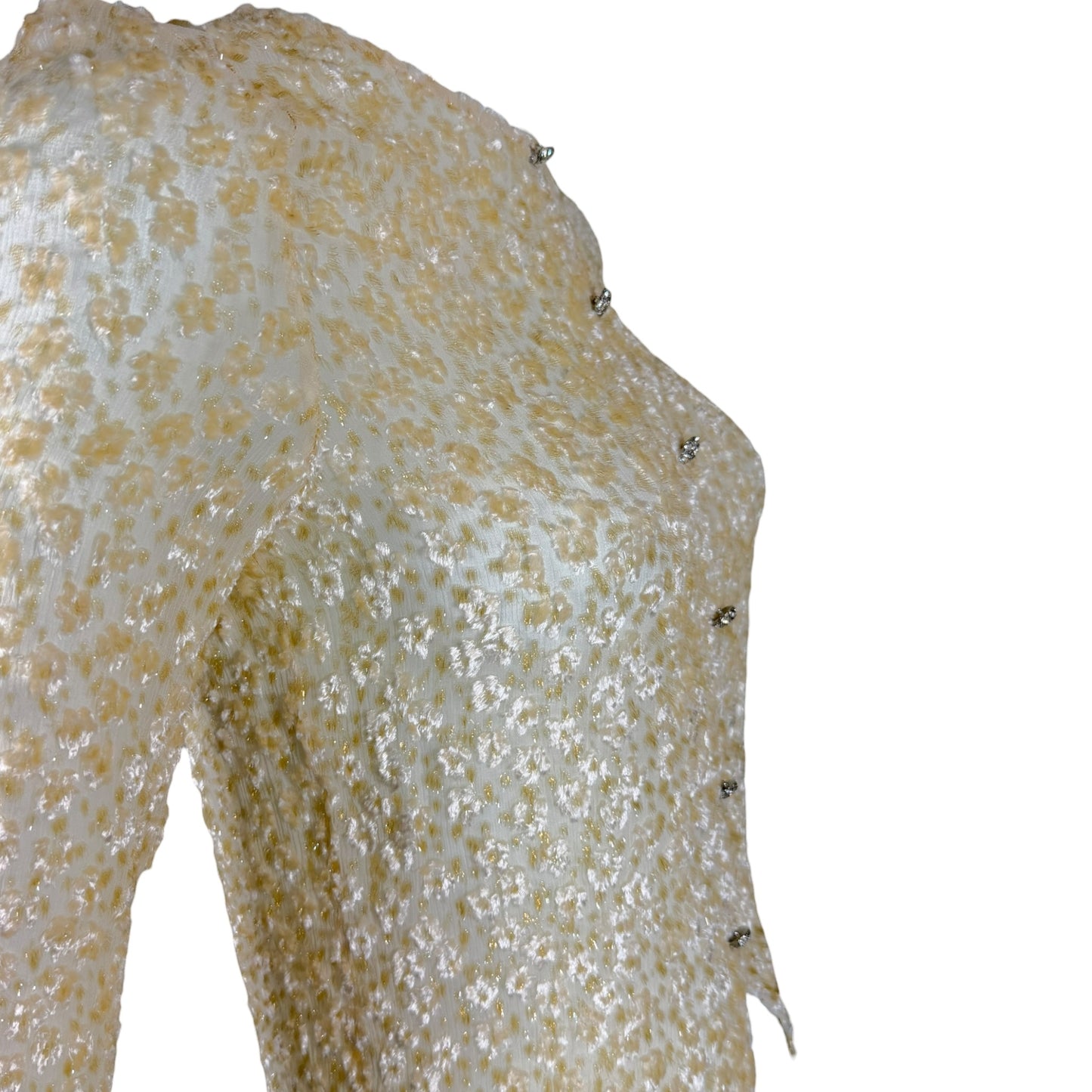 Vintage Badgley Mischka Ivory & Gold Metallic Silk Blend Jeweled Button Top Size 6