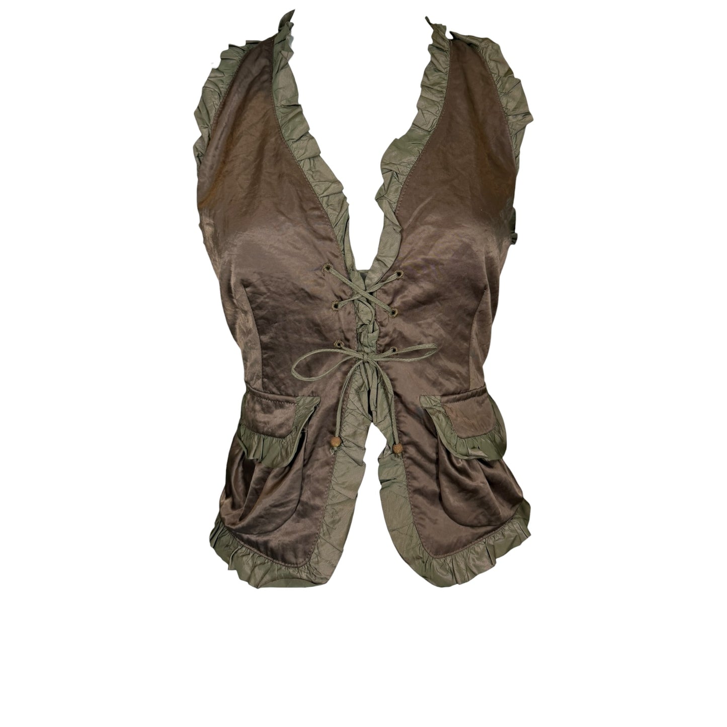 Vintage 1990s Alexander McQueen Olive Green Ruffle Trim Utility Vest Size 44