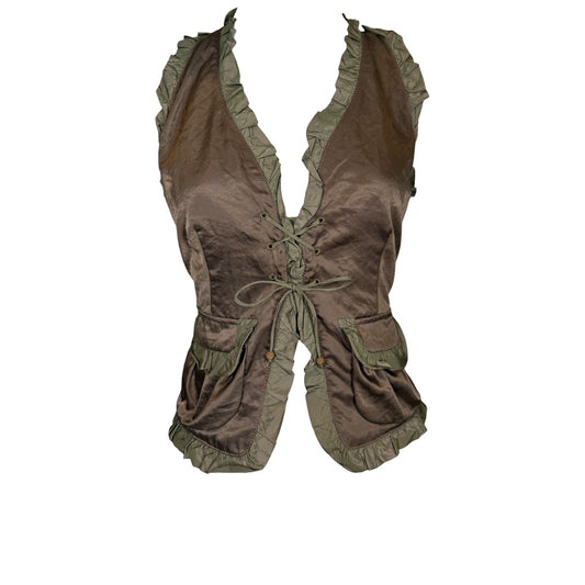 Vintage 1990s Alexander McQueen Olive Green Ruffle Trim Utility Vest Size 44