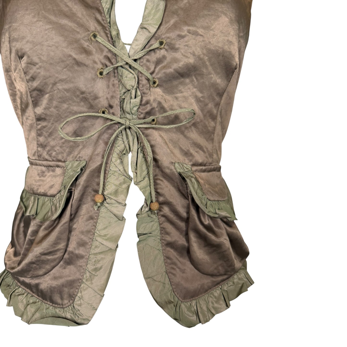 Vintage 1990s Alexander McQueen Olive Green Ruffle Trim Utility Vest Size 44
