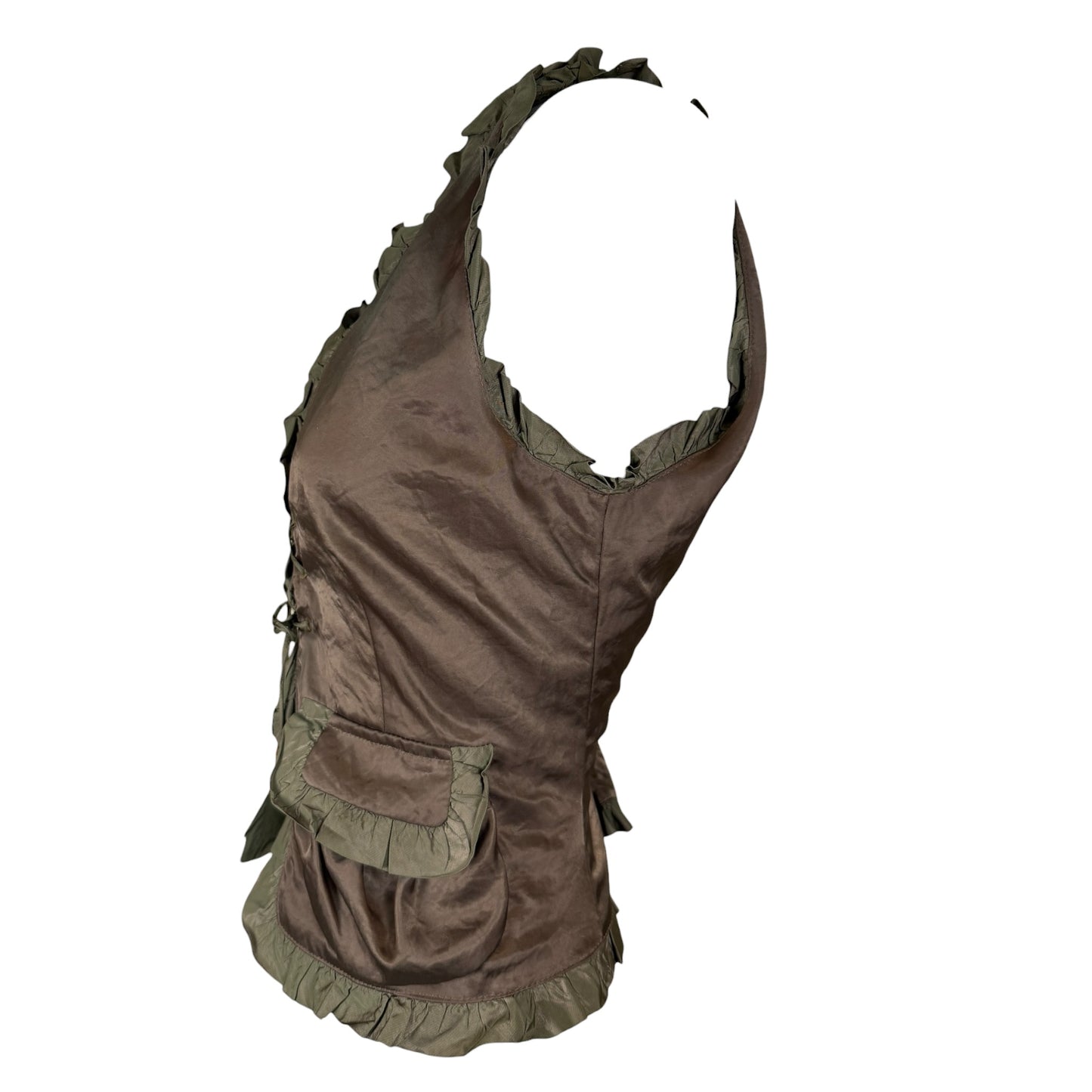 Vintage 1990s Alexander McQueen Olive Green Ruffle Trim Utility Vest Size 44