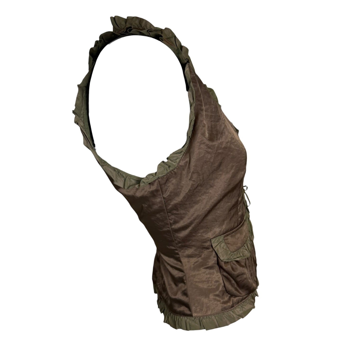 Vintage 1990s Alexander McQueen Olive Green Ruffle Trim Utility Vest Size 44