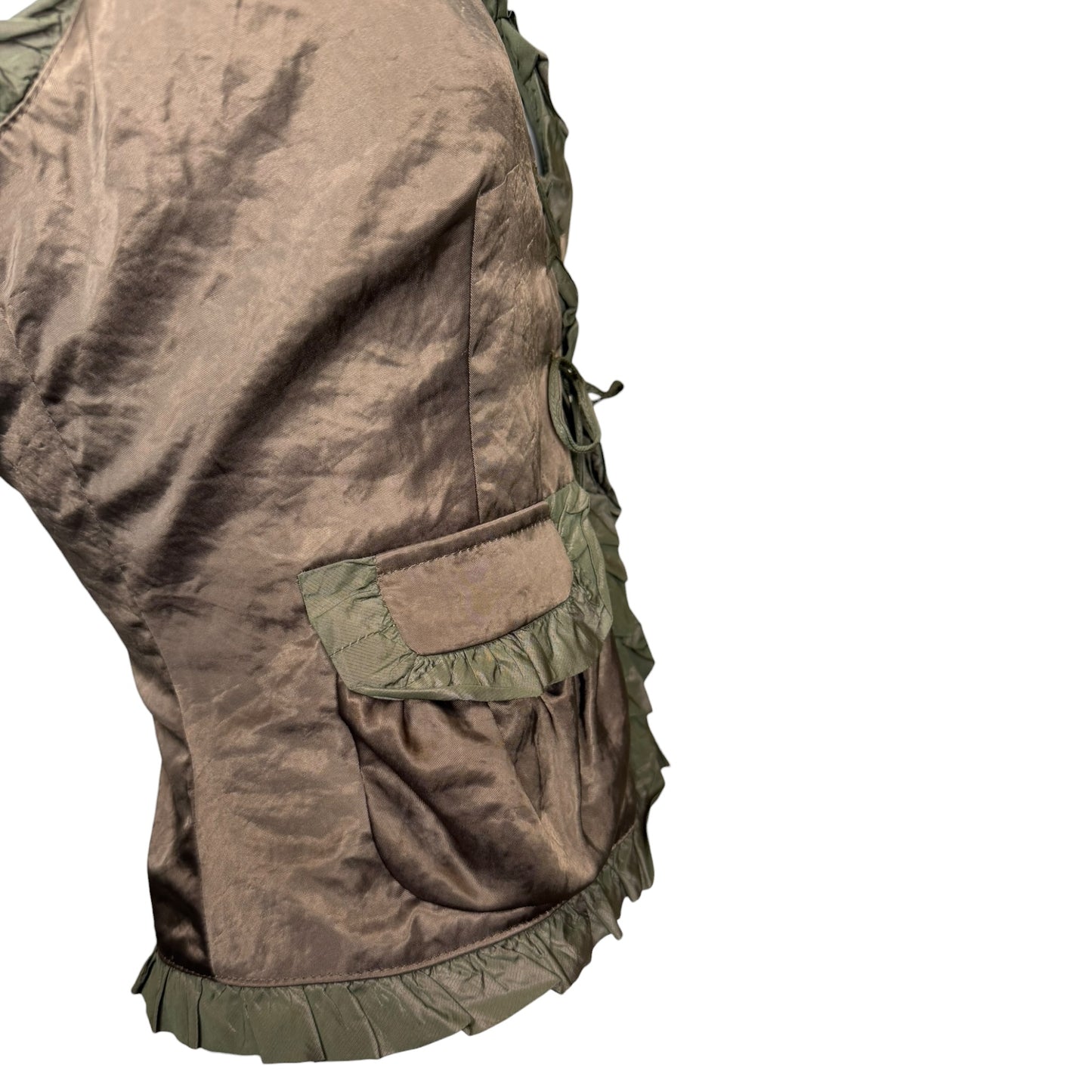 Vintage 1990s Alexander McQueen Olive Green Ruffle Trim Utility Vest Size 44