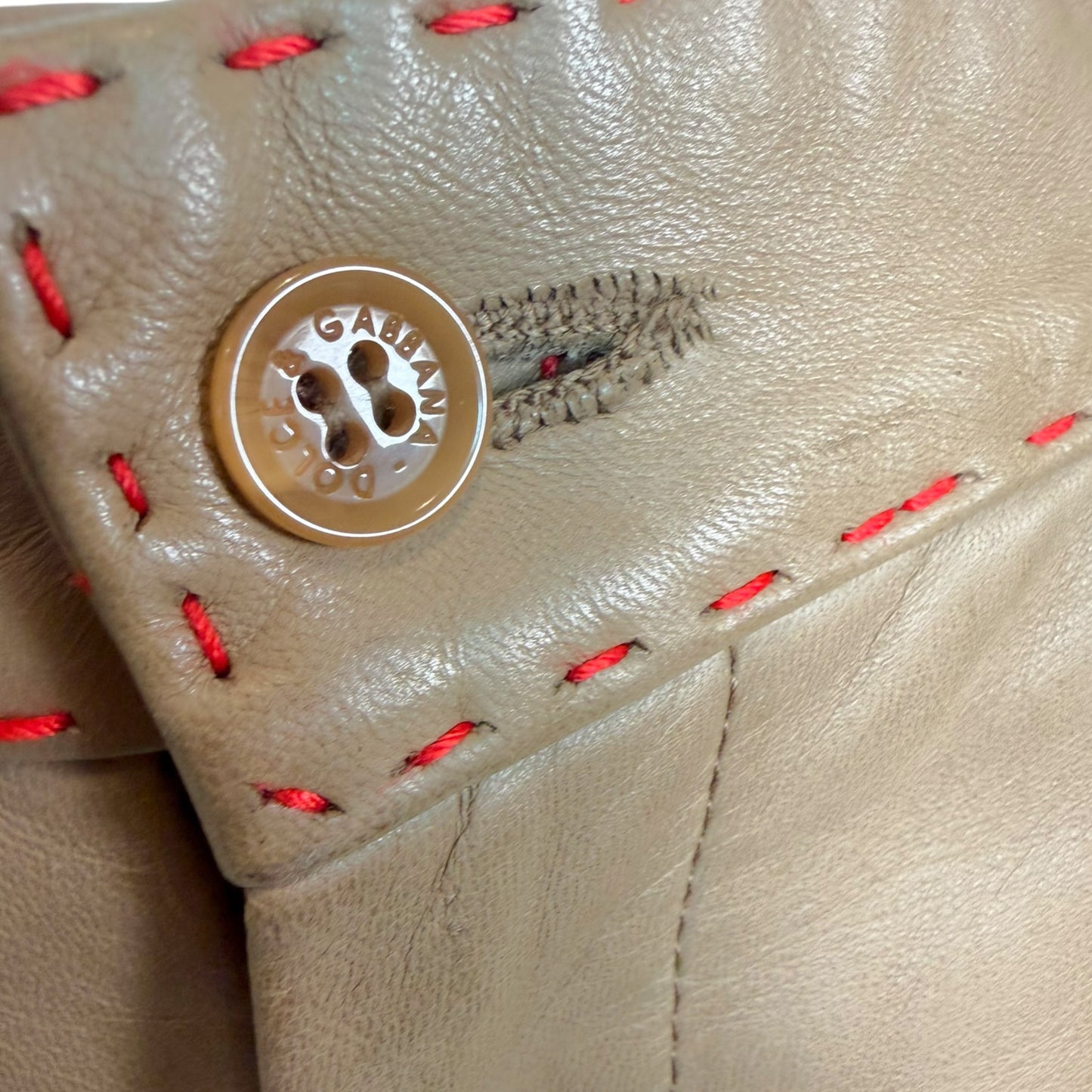 Vintage 1990s Dolce & Gabbana NWT Taupe Leather Pants with Contrast Red Topstitching | Size 10