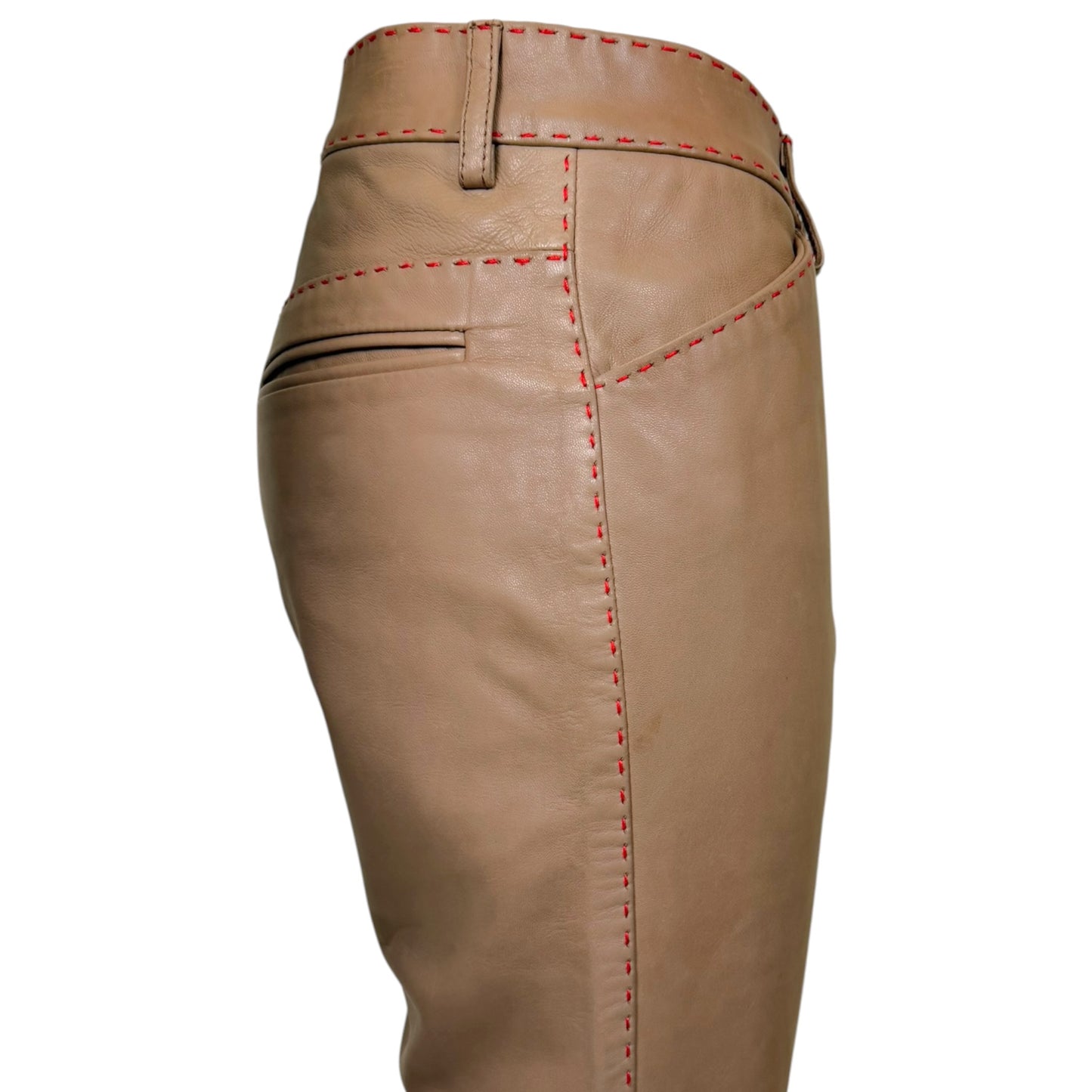 Vintage 1990s Dolce & Gabbana NWT Taupe Leather Pants with Contrast Red Topstitching | Size 10