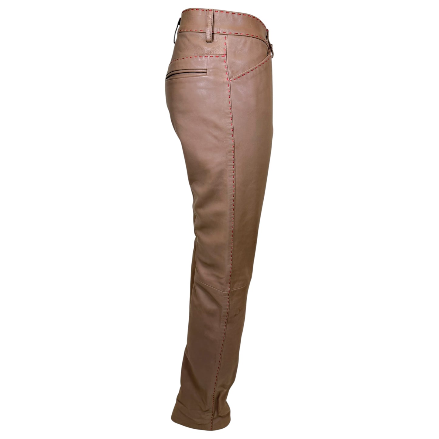 Vintage 1990s Dolce & Gabbana NWT Taupe Leather Pants with Contrast Red Topstitching | Size 10