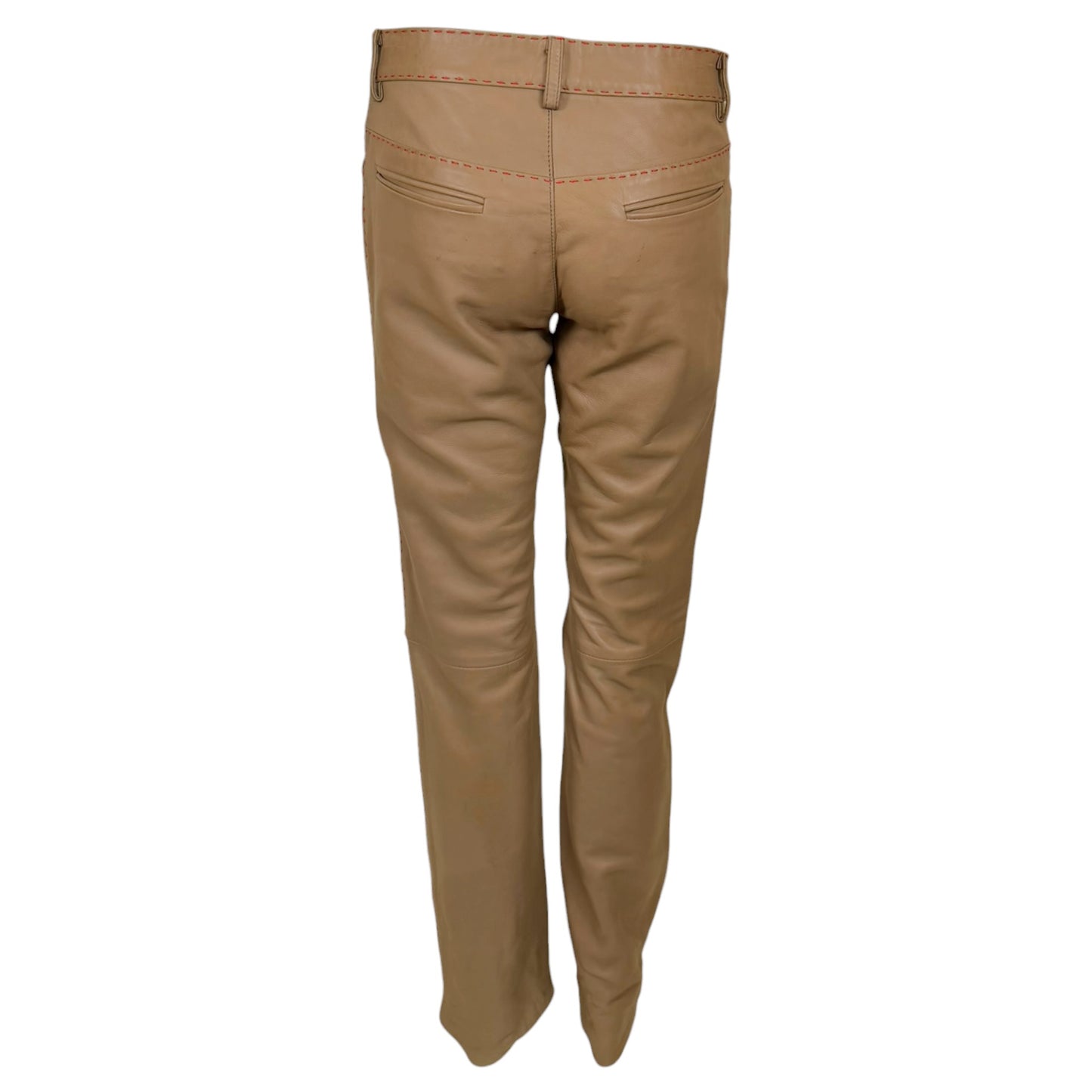 Vintage 1990s Dolce & Gabbana NWT Taupe Leather Pants with Contrast Red Topstitching | Size 10