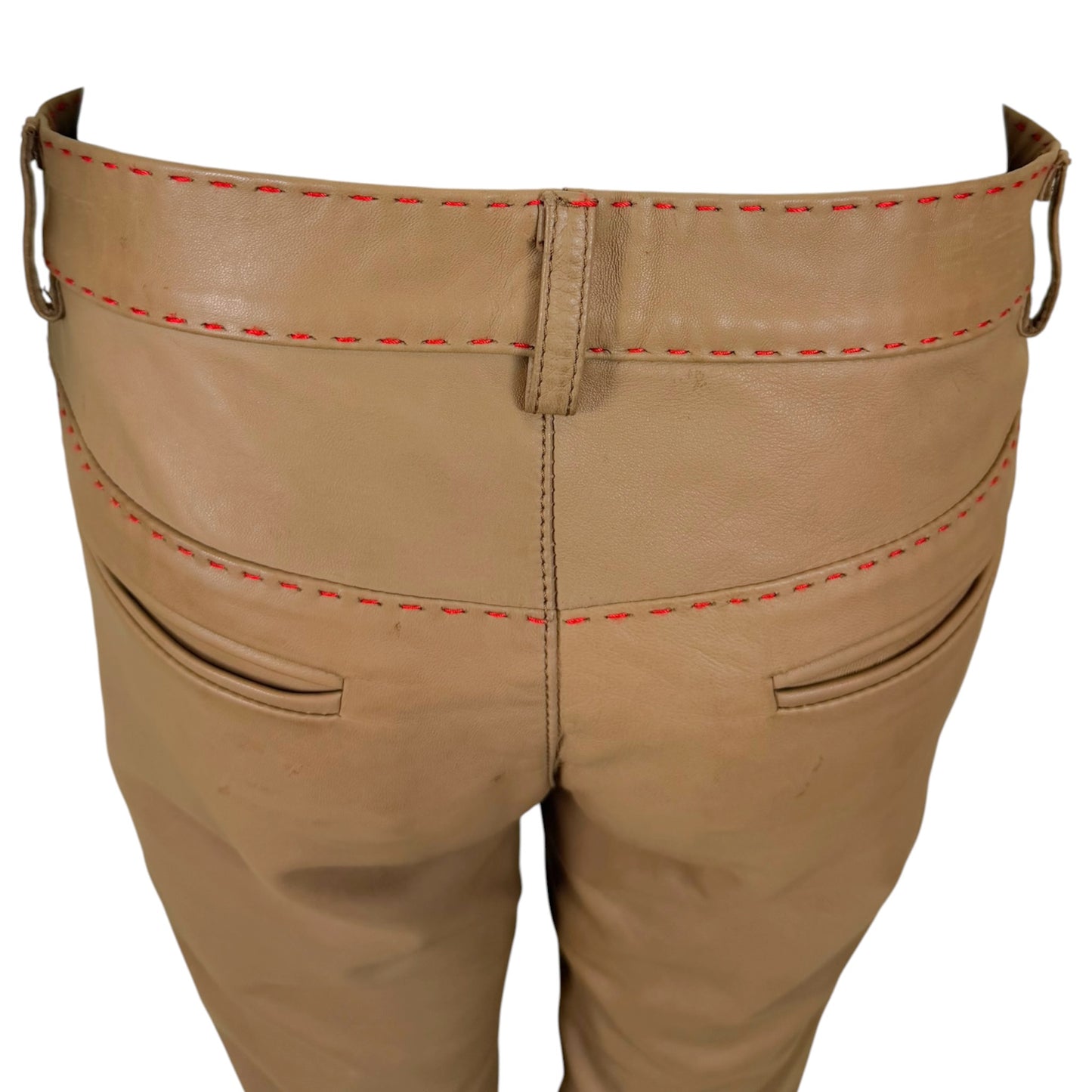 Vintage 1990s Dolce & Gabbana NWT Taupe Leather Pants with Contrast Red Topstitching | Size 10