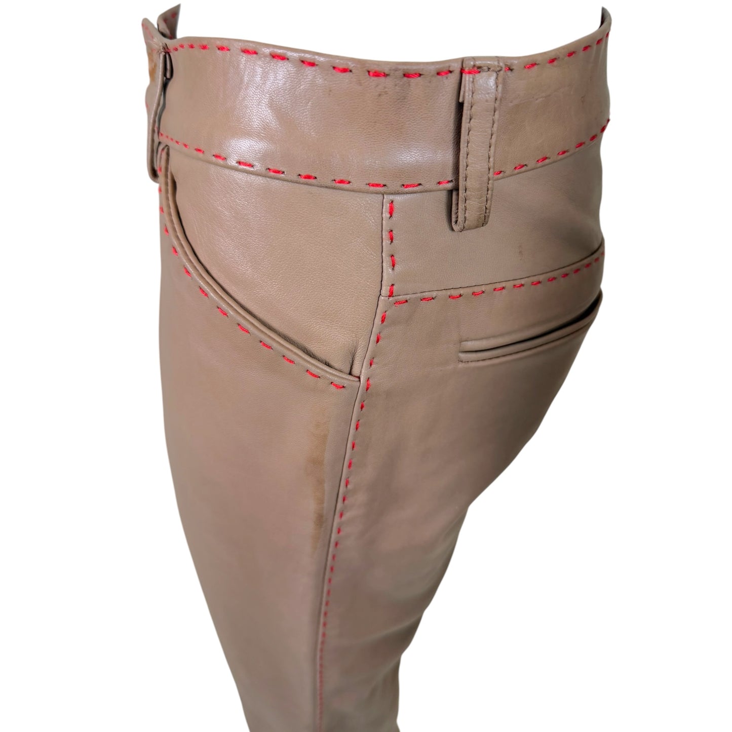 Vintage 1990s Dolce & Gabbana NWT Taupe Leather Pants with Contrast Red Topstitching | Size 10