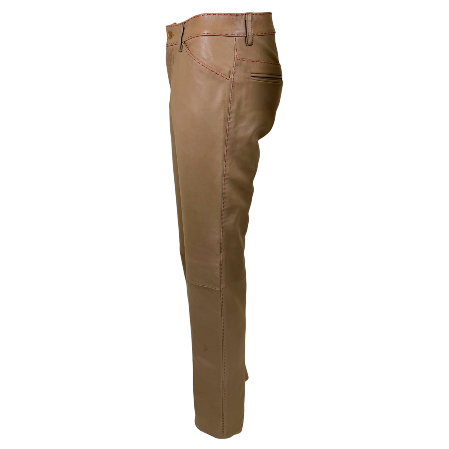 Vintage 1990s Dolce & Gabbana NWT Taupe Leather Pants with Contrast Red Topstitching | Size 10