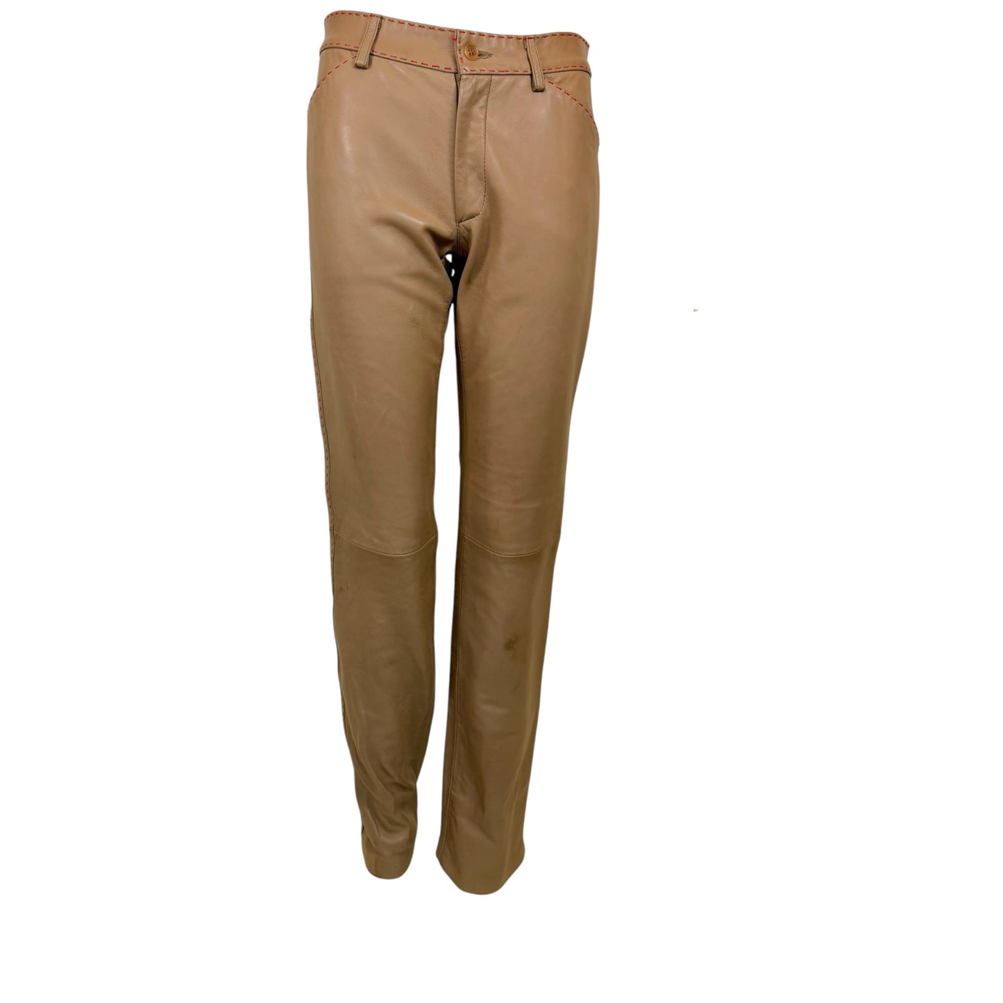 Vintage 1990s Dolce & Gabbana NWT Taupe Leather Pants with Contrast Red Topstitching | Size 10