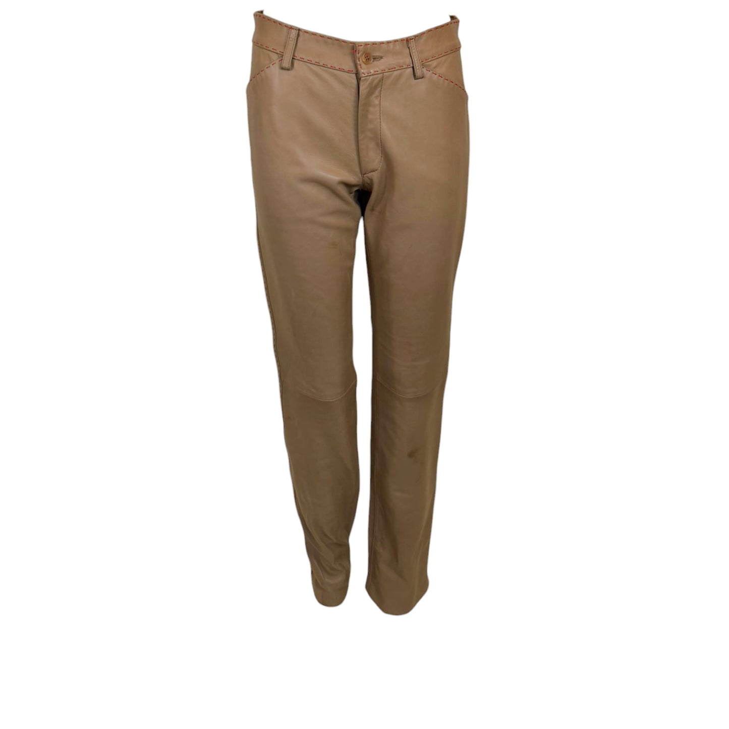 Vintage 1990s Dolce & Gabbana NWT Taupe Leather Pants with Contrast Red Topstitching | Size 10