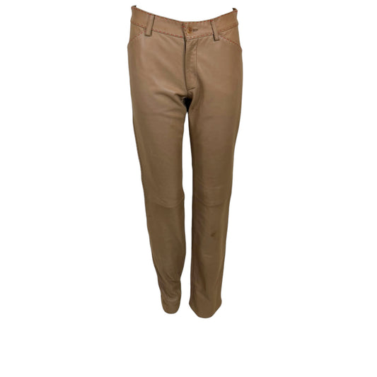 Vintage 1990s Dolce & Gabbana NWT Taupe Leather Pants with Contrast Red Topstitching | Size 10