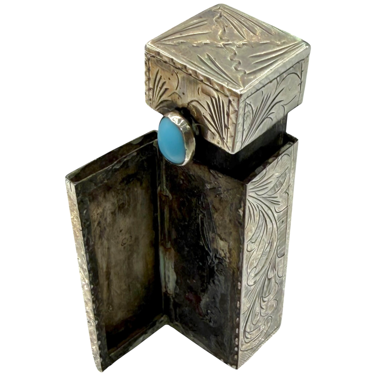 Vintage Sterling Silver Hand-Engraved Lipstick Case Objet d'Art with Turquoise Cabochon