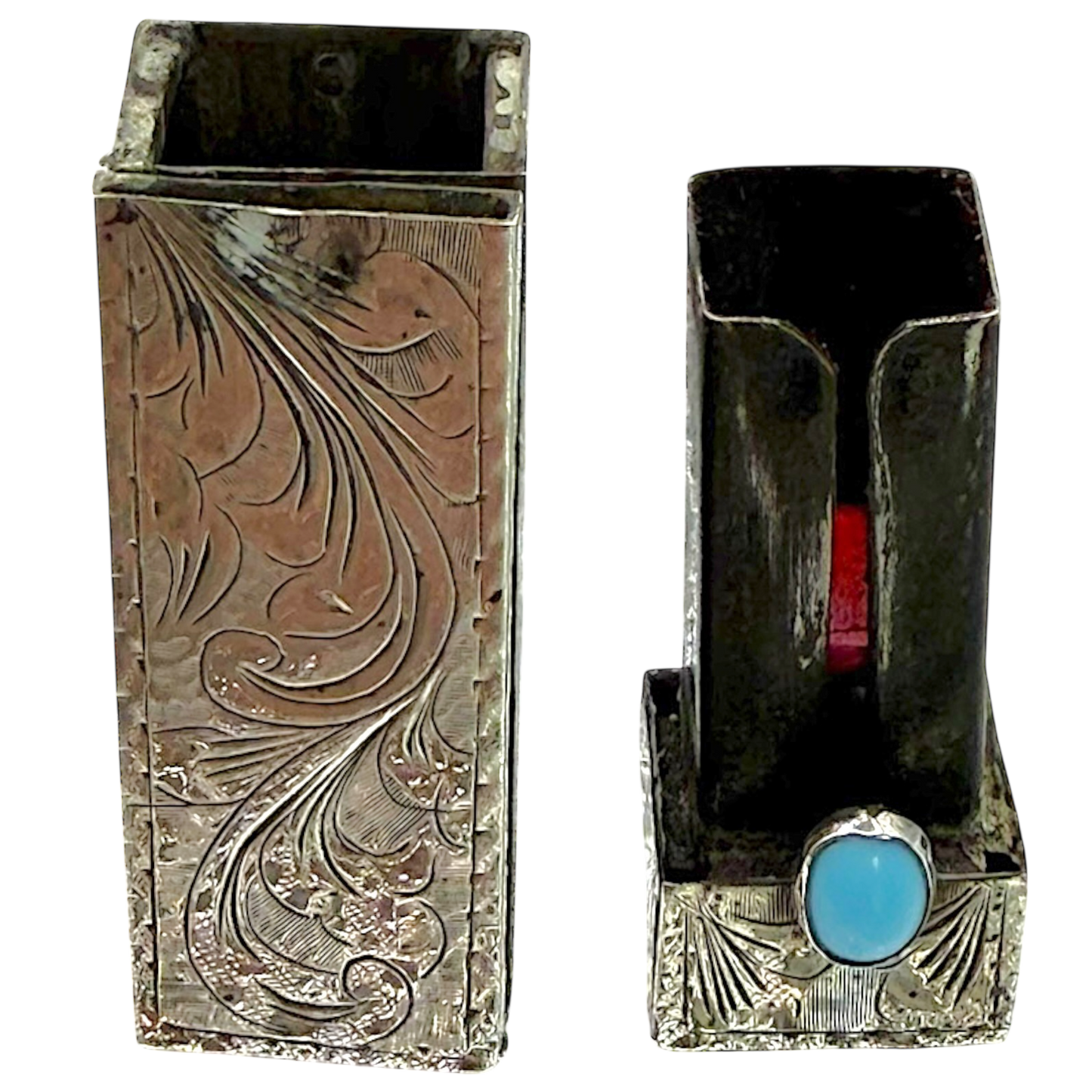 Vintage Sterling Silver Hand-Engraved Lipstick Case Objet d'Art with Turquoise Cabochon