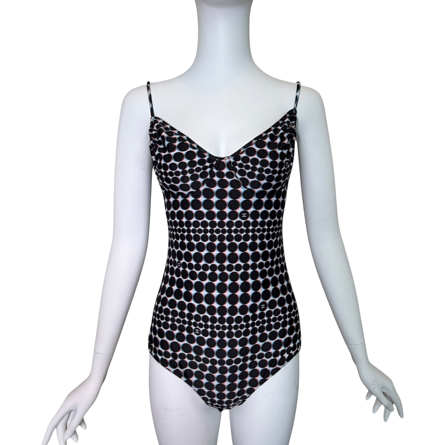 CHANEL Spring 2014 CC Logo Polka Dot One-Piece Swimsuit - Open Back, Size FR 42
