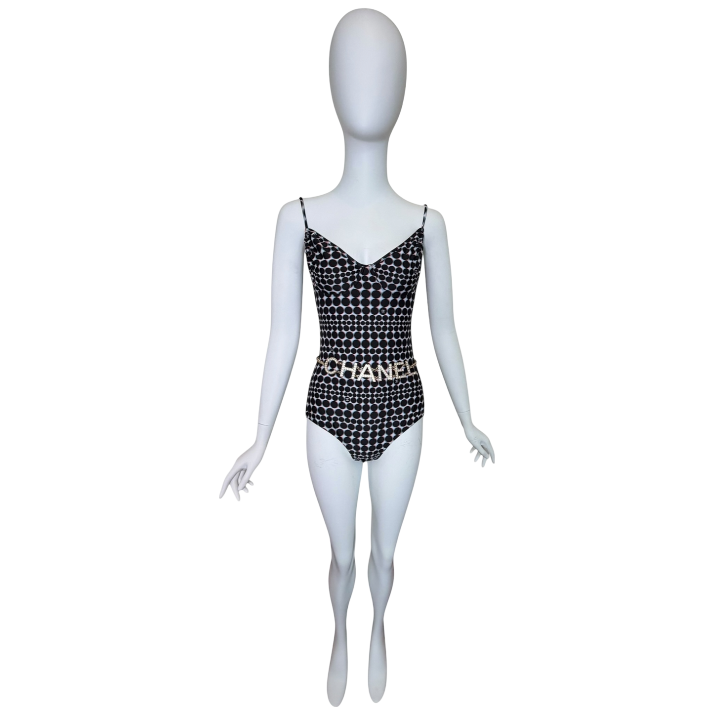 CHANEL Spring 2014 CC Logo Polka Dot One-Piece Swimsuit - Open Back, Size FR 42