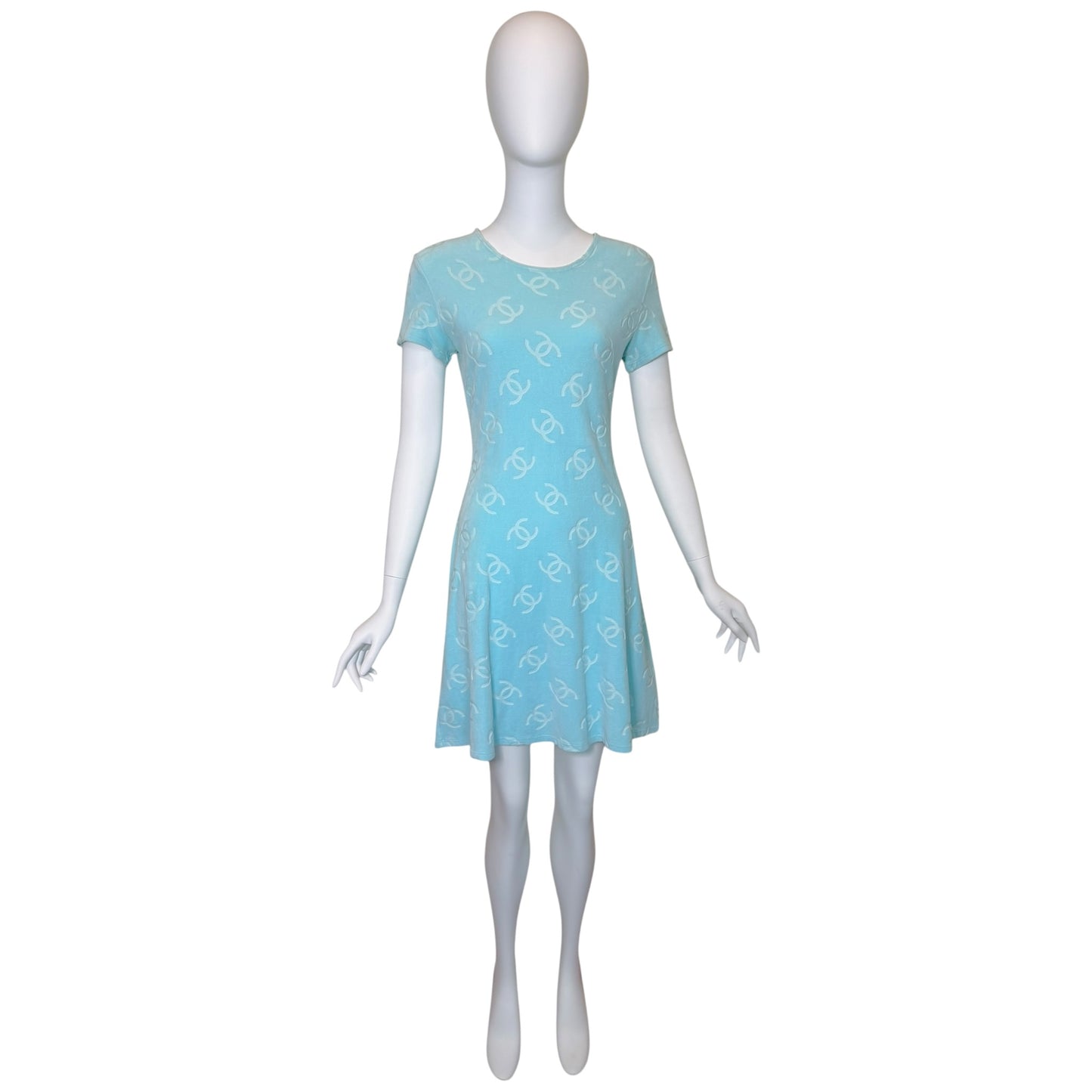 Vintage 1996 Chanel Baby Blue CC Monogram Velour Knit Dress Size 42