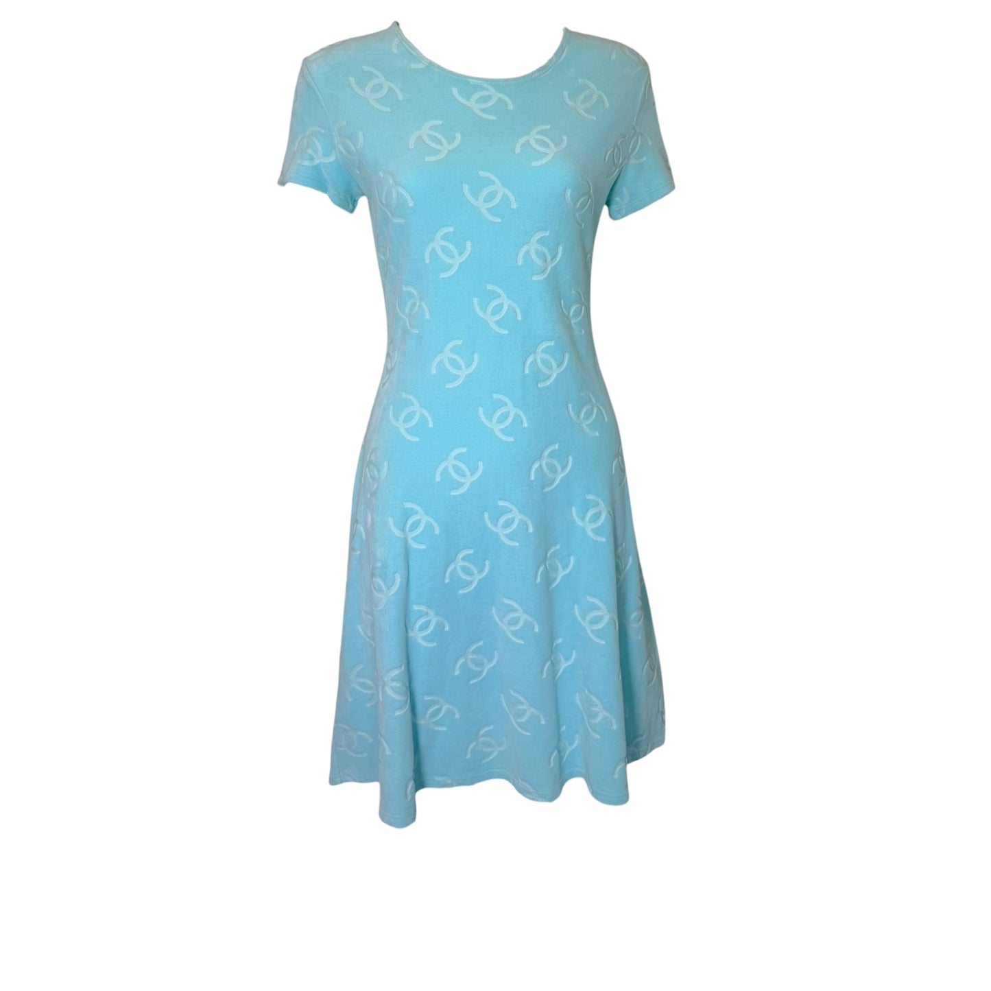 Vintage 1996 Chanel Baby Blue CC Monogram Velour Knit Dress Size 42