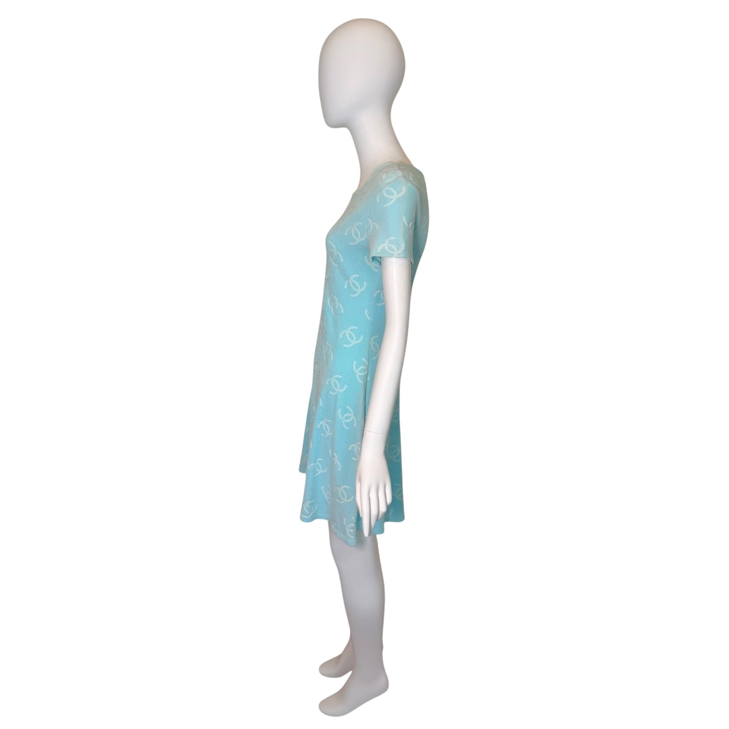 Vintage 1996 Chanel Baby Blue CC Monogram Velour Knit Dress Size 42