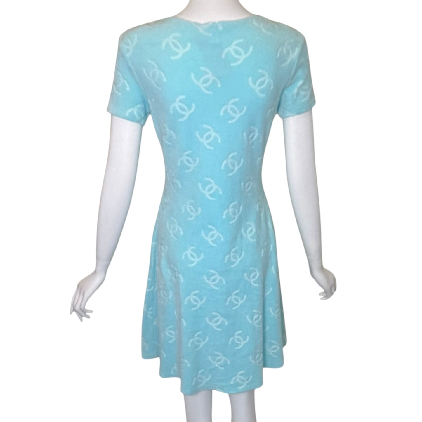 Vintage 1996 Chanel Baby Blue CC Monogram Velour Knit Dress Size 42