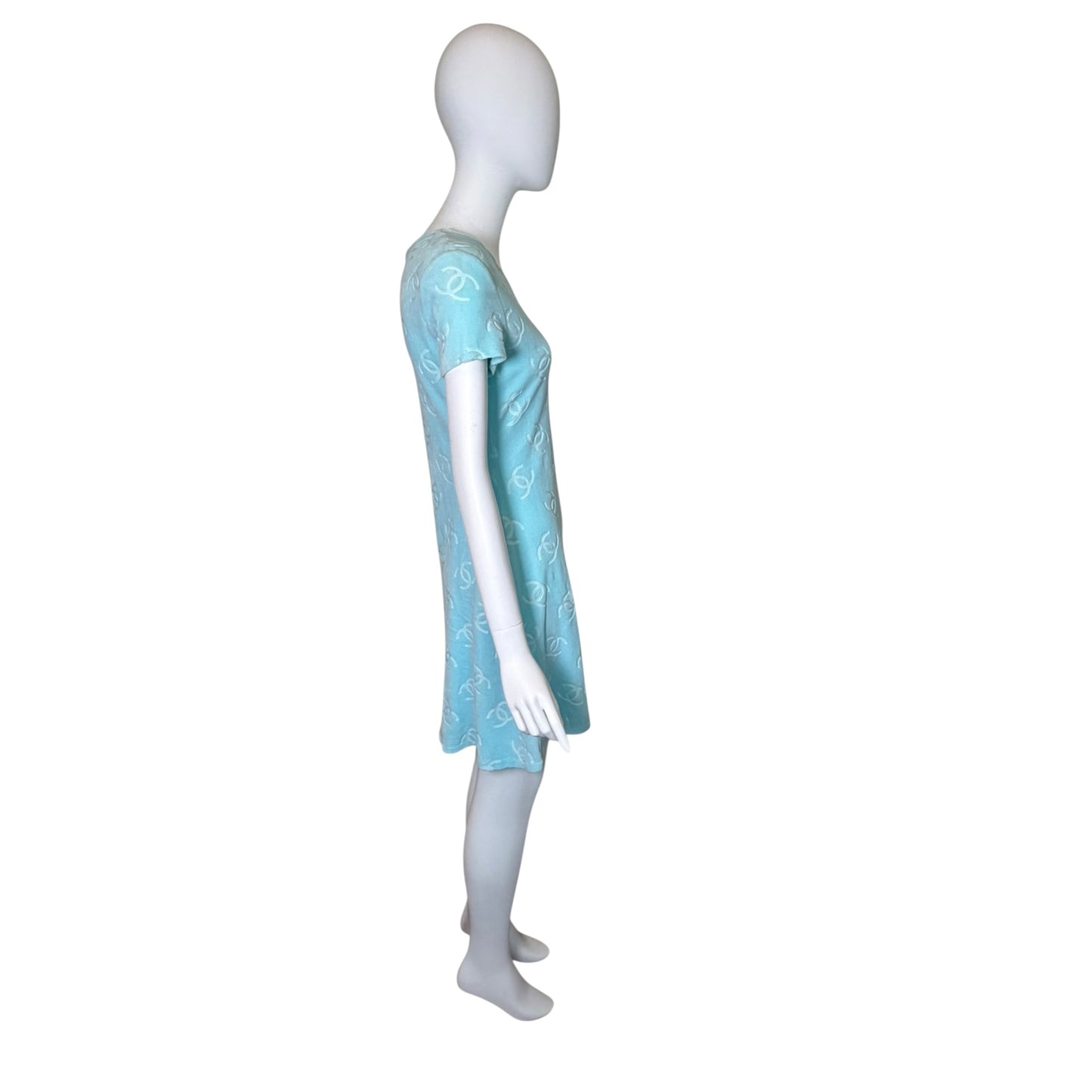Vintage 1996 Chanel Baby Blue CC Monogram Velour Knit Dress Size 42
