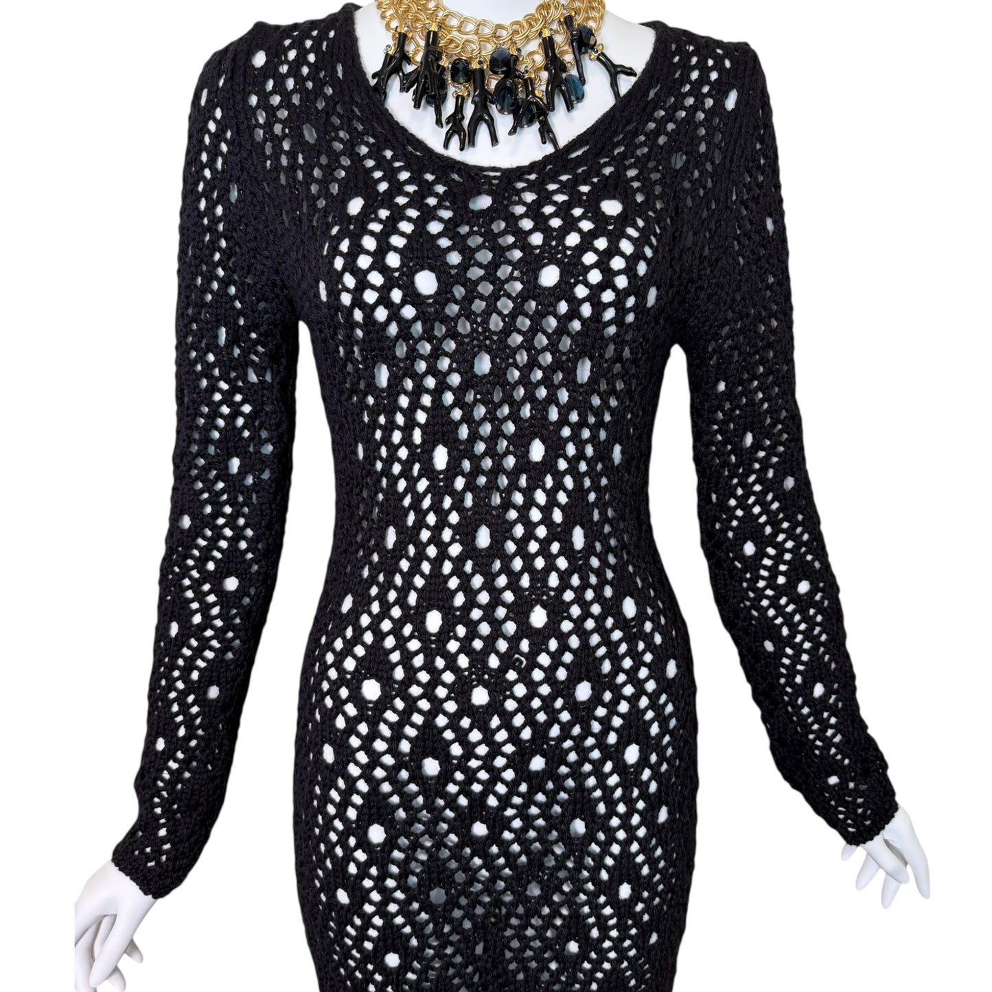 Dolce & Gabbana Y2K Black Hand-Crocheted Sheer Knit Bodycon Midi Dress, Long Sleeve (IT 42)