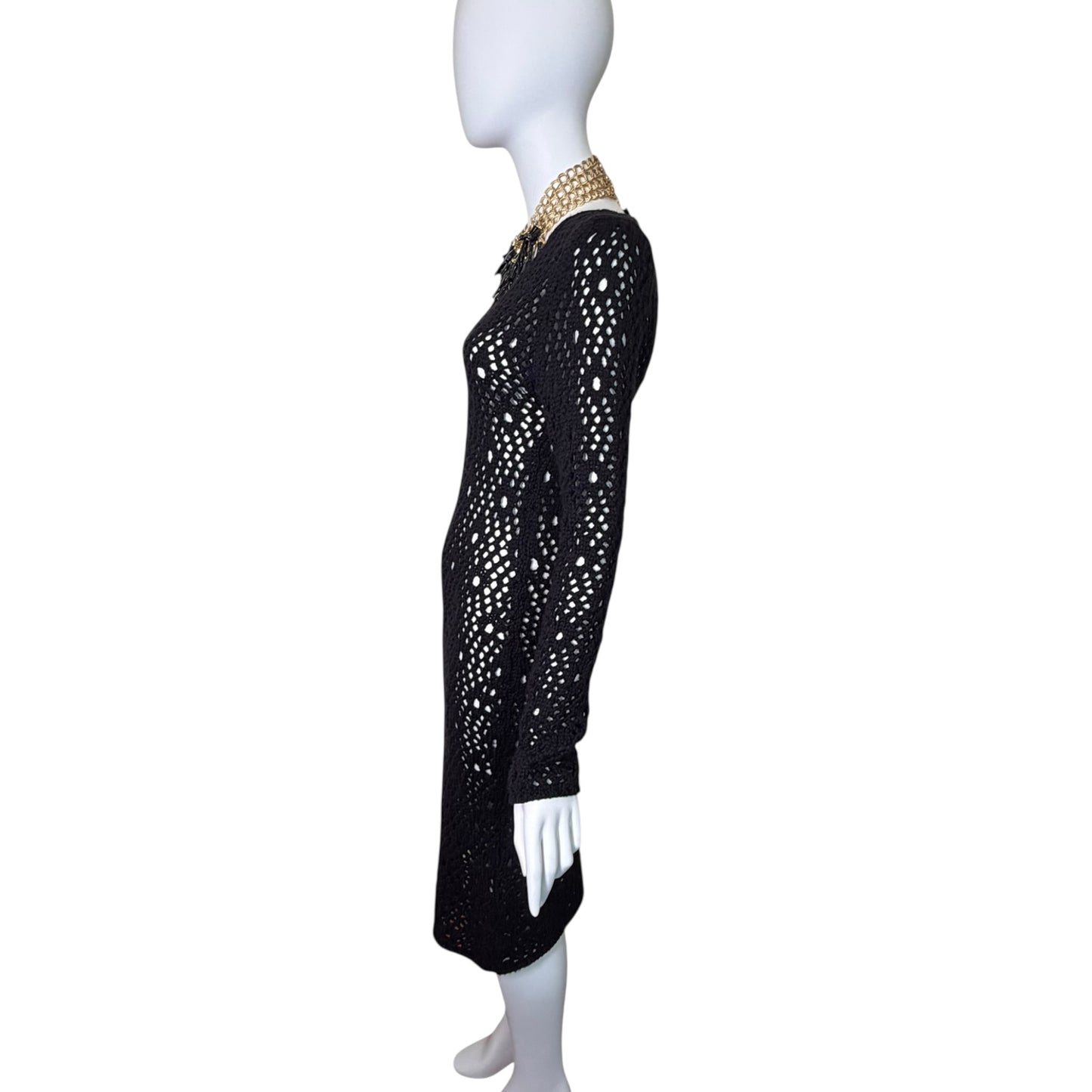 Dolce & Gabbana Y2K Black Hand-Crocheted Sheer Knit Bodycon Midi Dress, Long Sleeve (IT 42)