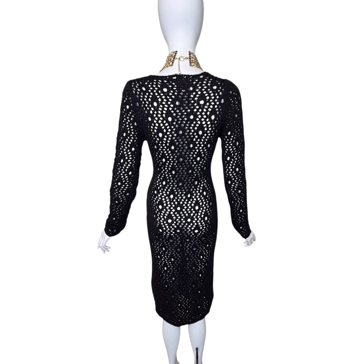 Dolce & Gabbana Y2K Black Hand-Crocheted Sheer Knit Bodycon Midi Dress, Long Sleeve (IT 42)