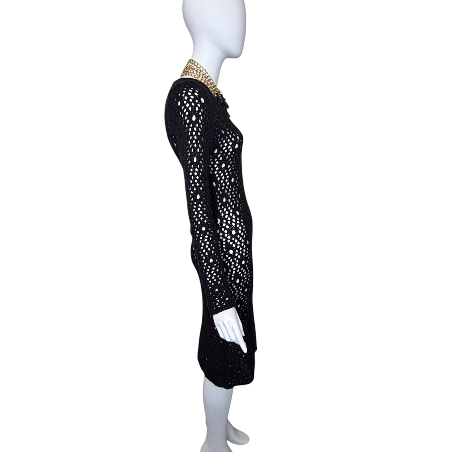 Dolce & Gabbana Y2K Black Hand-Crocheted Sheer Knit Bodycon Midi Dress, Long Sleeve (IT 42)