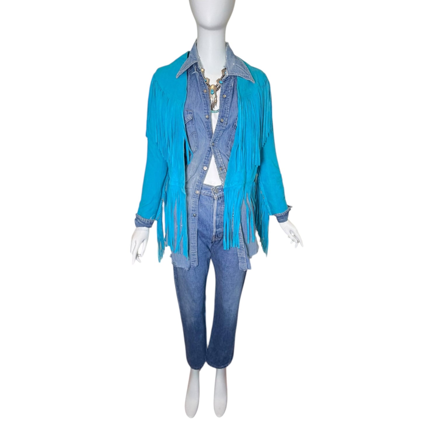 Vintage Spell Turquoise Suede Western Fringe Jacket Size S/M