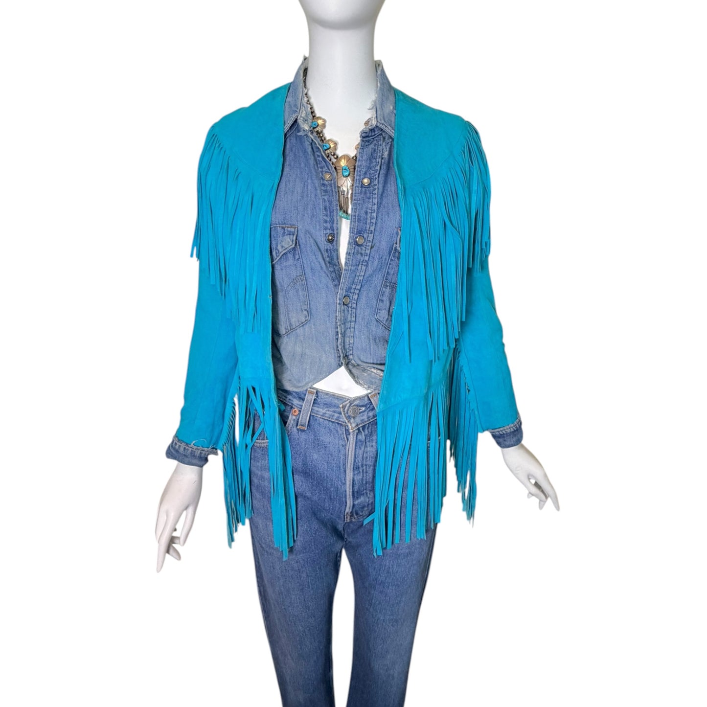 Vintage Spell Turquoise Suede Western Fringe Jacket Size S/M
