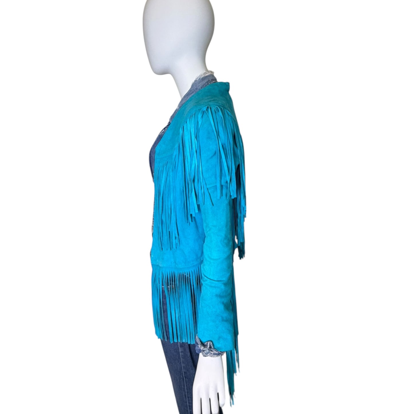 Vintage Spell Turquoise Suede Western Fringe Jacket Size S/M