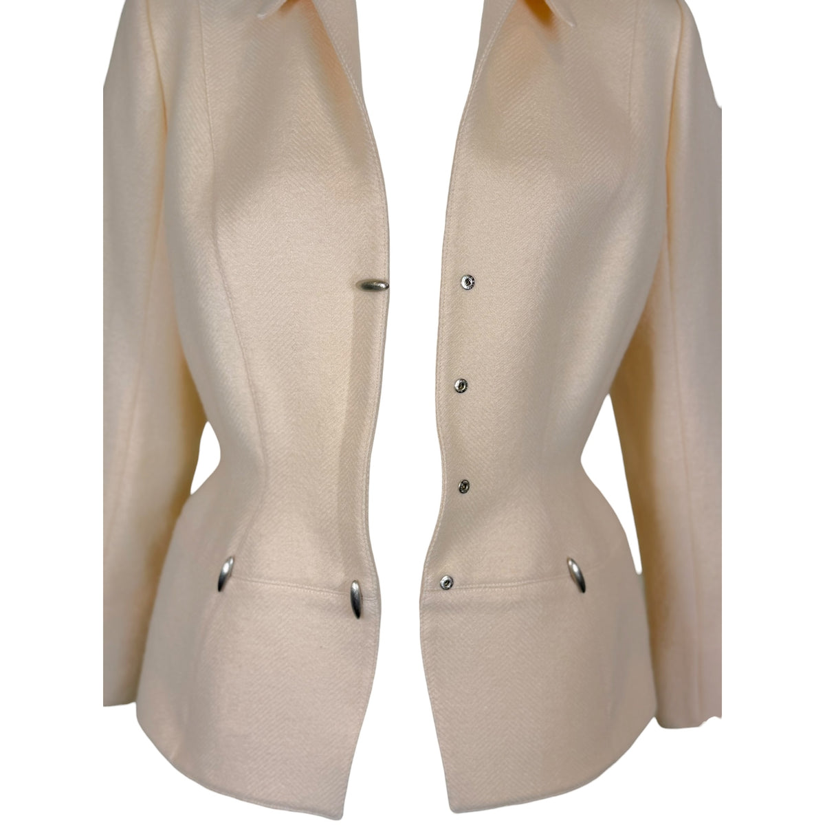 Vintage 1990s Thierry Mugler ivory twill skirt suit, jacket front view