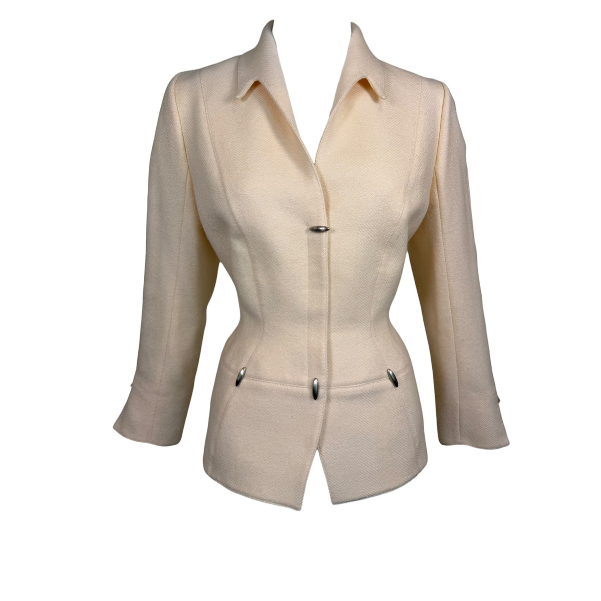 Vintage 1990s Thierry Mugler ivory twill sculpted hourglass skirt suit set, front view