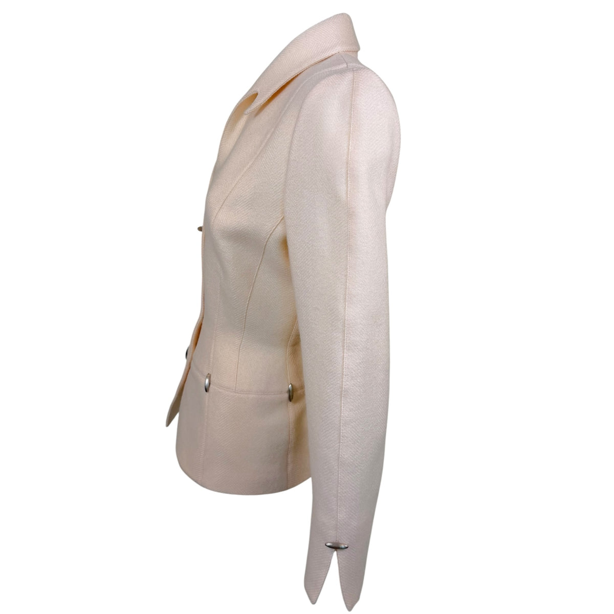 Vintage 1990s Thierry Mugler ivory twill skirt suit, fabric texture close-up
