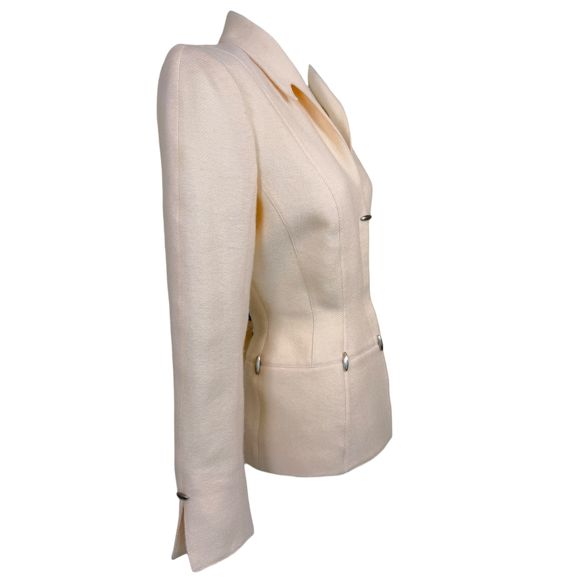 Vintage 1990s Thierry Mugler ivory twill skirt suit, sculptural detail close-up